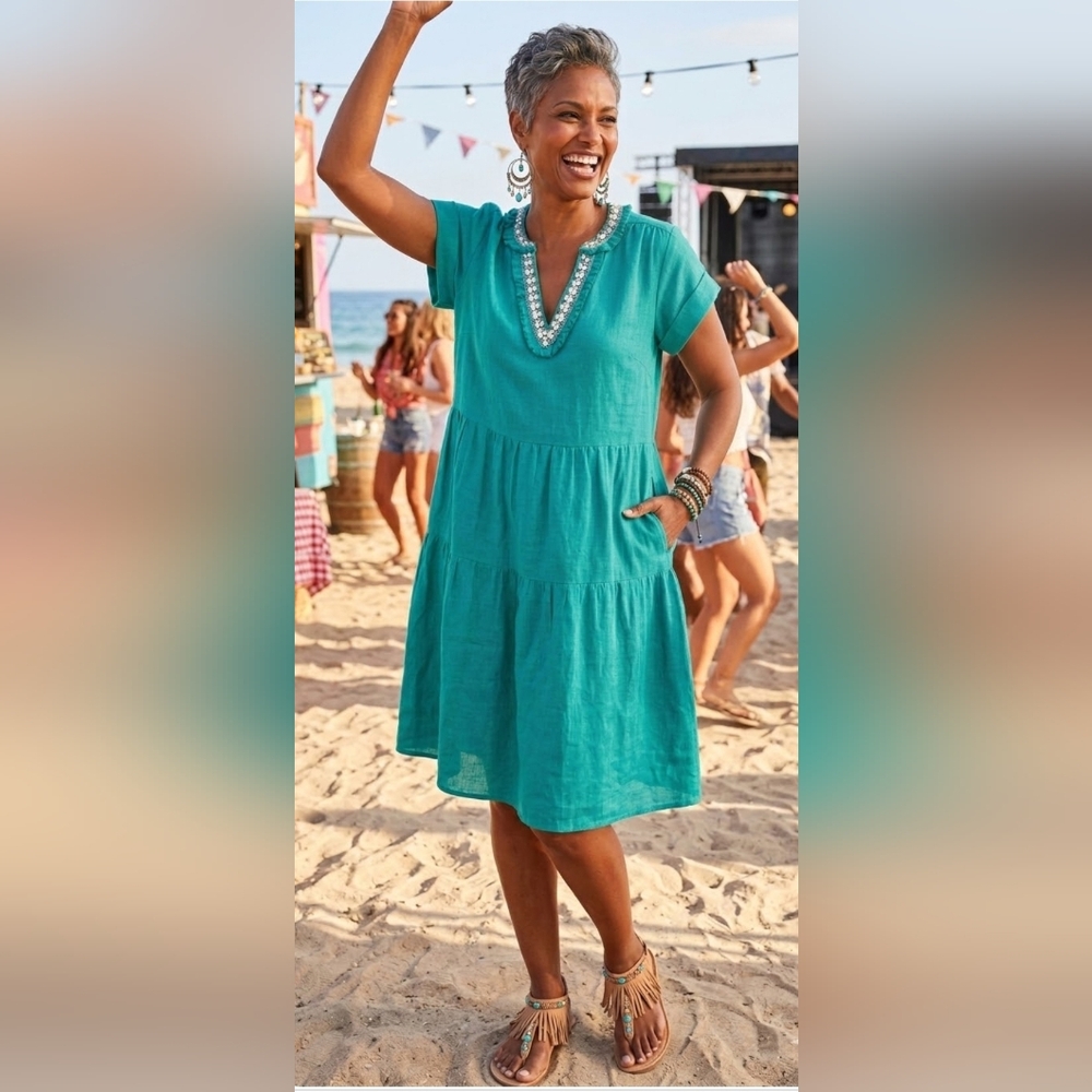 Boho XXL Linen Turquoise Artisy Pocket Cottage Resort Vacation Babydoll Dress